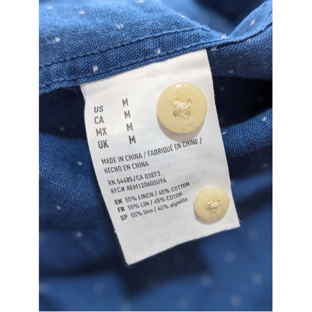 American Eagle Shirt Mens Medium Blue Dotted Print Long Sleeve Button Linen Blnd - Picture 3 of 8